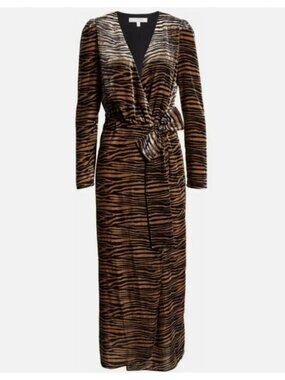 WAYF Arlene Tiger Print Long Sleeve Wrap Velvet Maxi Dress Halloween Costume